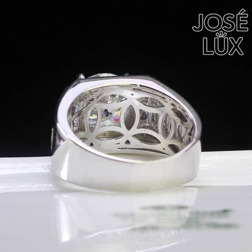 Handmade Men's Round Center Ring with Faceted Geometric Band — 925 Sterling Silver, Rhodium Plated White Gold Finish, Moissanite & CZ