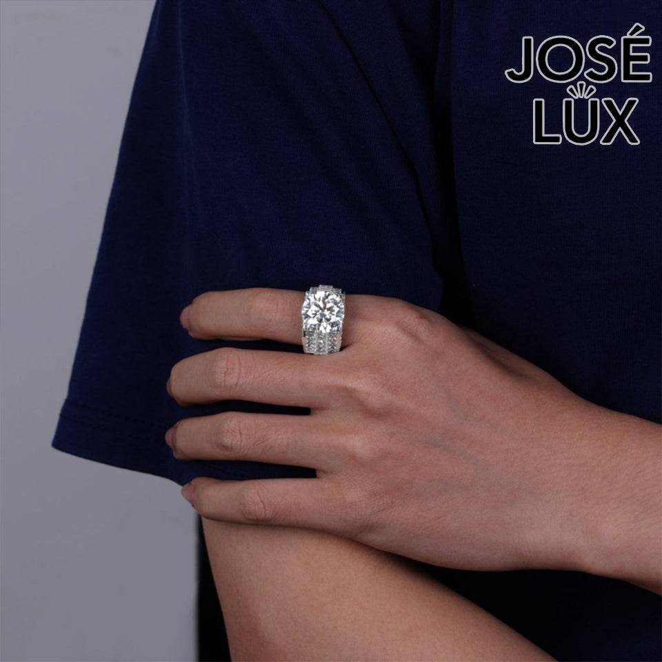 Handmade Men's Baguette Channel Set Ring — 925 Sterling Silver, Rhodium Plated White Gold Finish, 14mm Moissanite & CZ