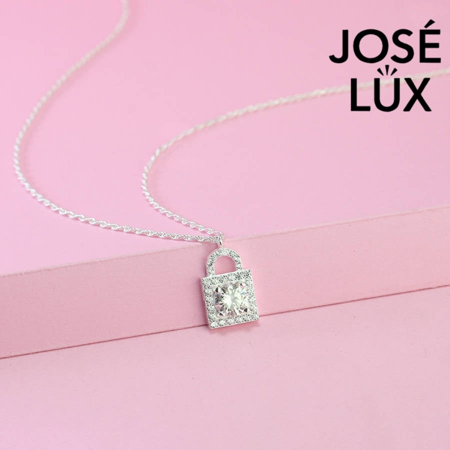 Meaningful 1ct square moissanite lock pendant symbolizes eternal love with pavé-accented padlock design, thoughtfully created in durable sterling silver craftsmanship.