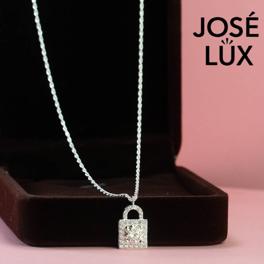 Meaningful 1ct square moissanite lock pendant symbolizes eternal love with pavé-accented padlock design, thoughtfully created in durable sterling silver craftsmanship.