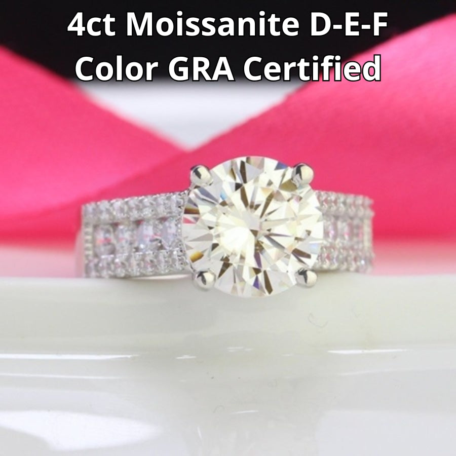 Brilliant 4ct round moissanite set in a sparkling pave band design. This sterling silver ring features exceptional fire and brilliance for everyday elegance.
