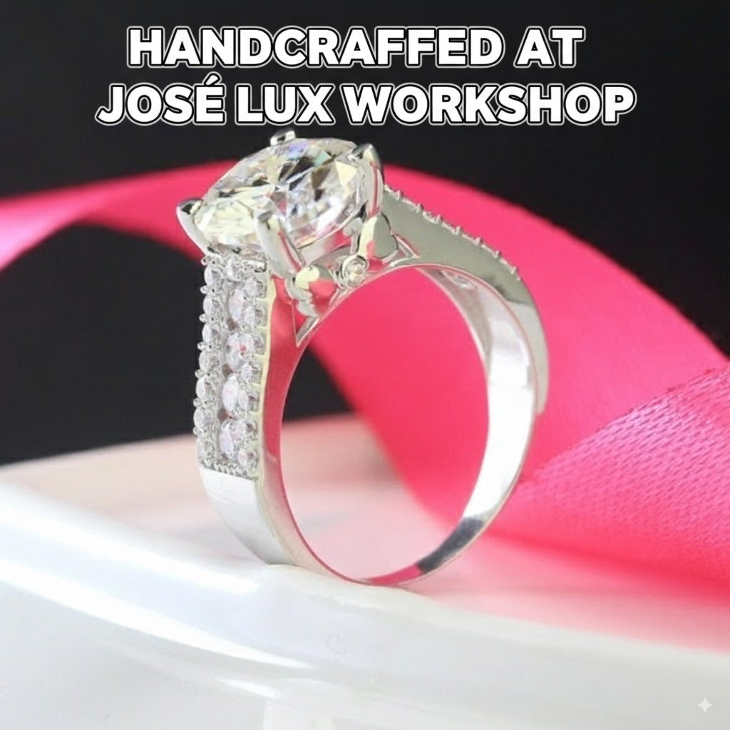 Brilliant 4ct round moissanite set in a sparkling pave band design. This sterling silver ring features exceptional fire and brilliance for everyday elegance.