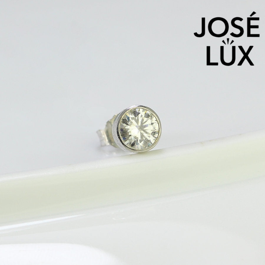 Bezel Set Moissanite Stud Earrings for Men - Sterling Silver 0.5ct shown on white surface with round-cut stone in sleek bezel setting.