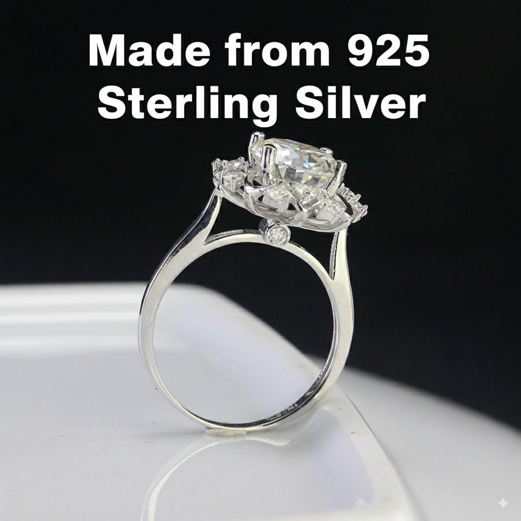 2ct Moissanite Flower Halo Women's Silver Ring