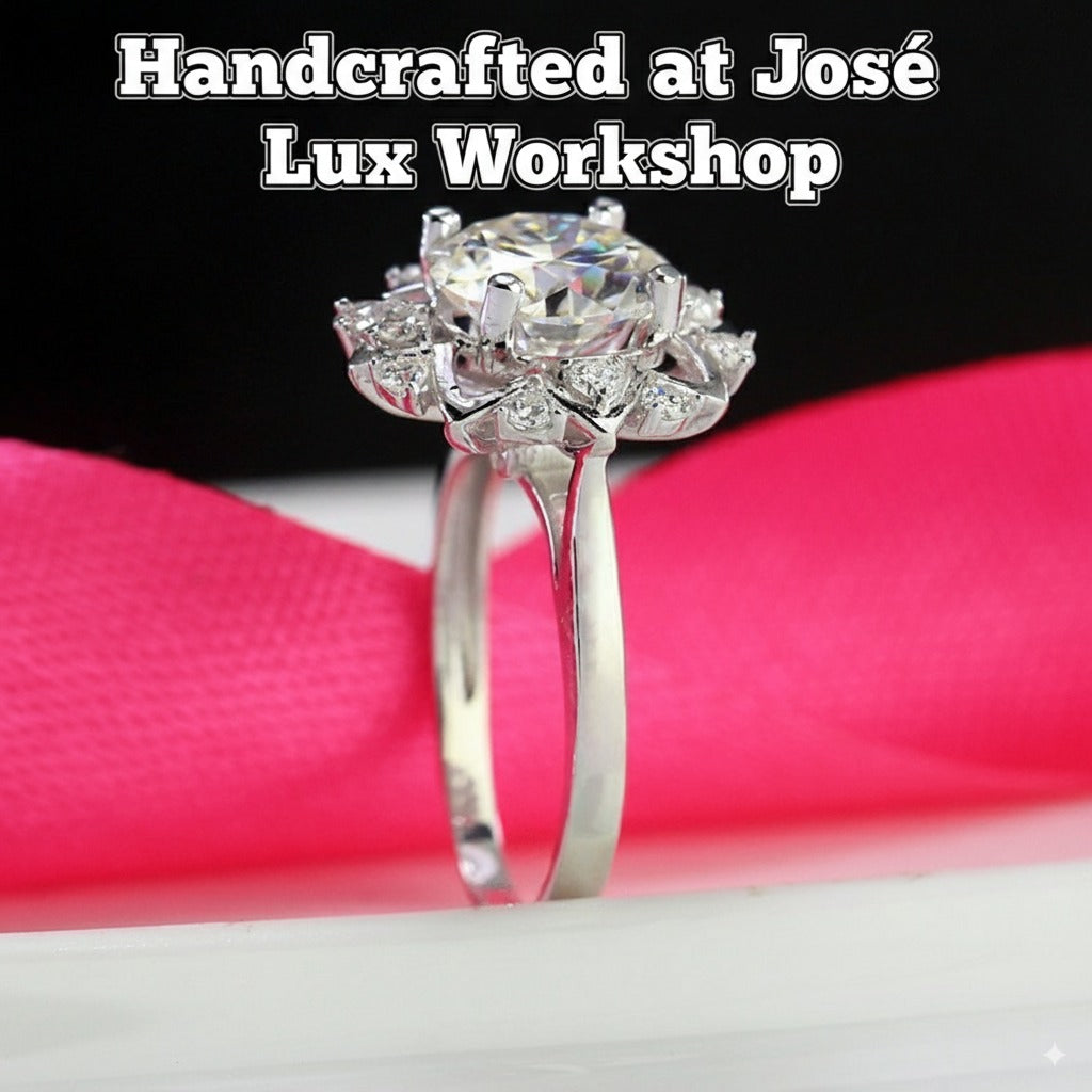 2ct Moissanite Flower Halo Women's Silver Ring