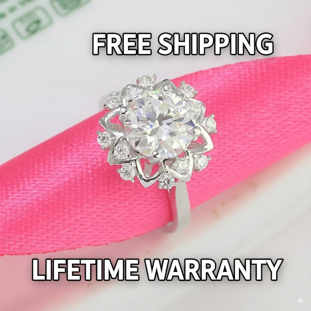 2ct Moissanite Flower Halo Women's Silver Ring