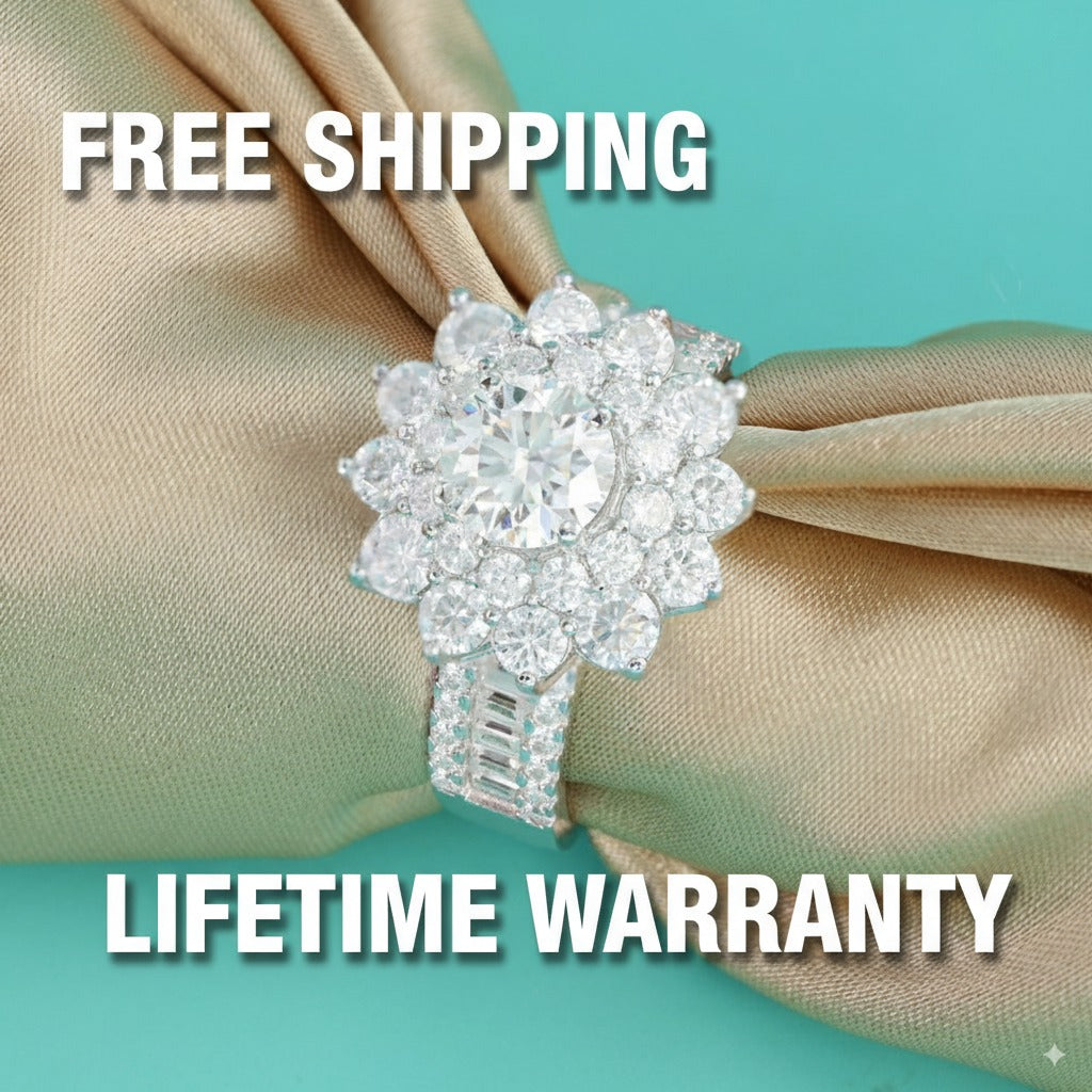 1.5ct Moissanite Flower Halo Baguette Women's Silver Ring