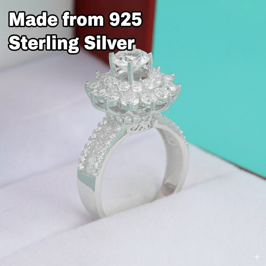 1.5ct Moissanite Flower Halo Baguette Women's Silver Ring