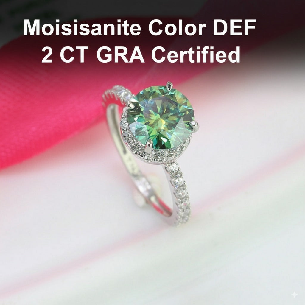 2ct Green Moissanite Halo Women's Silver Ring