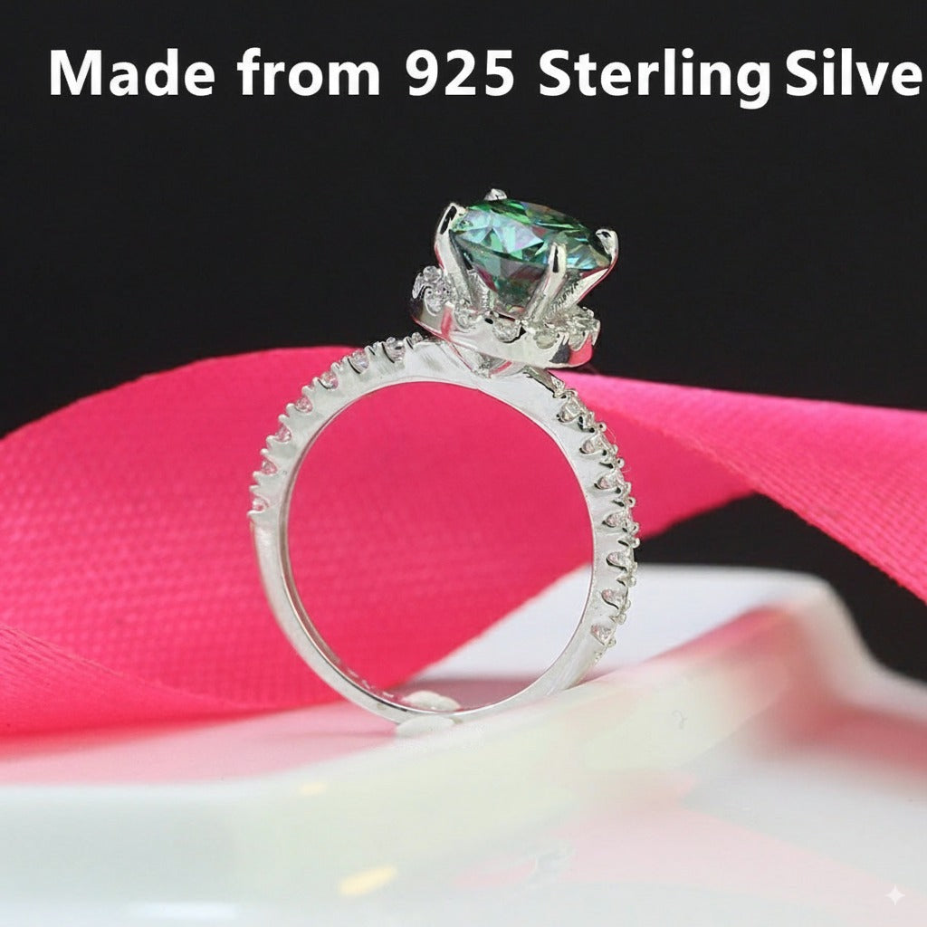 2ct Green Moissanite Halo Women's Silver Ring