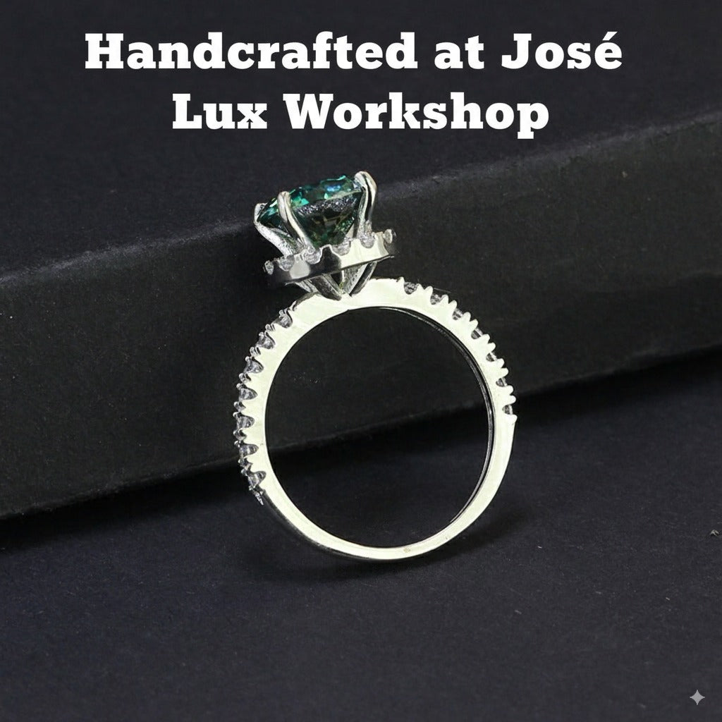 2ct Green Moissanite Halo Women's Silver Ring