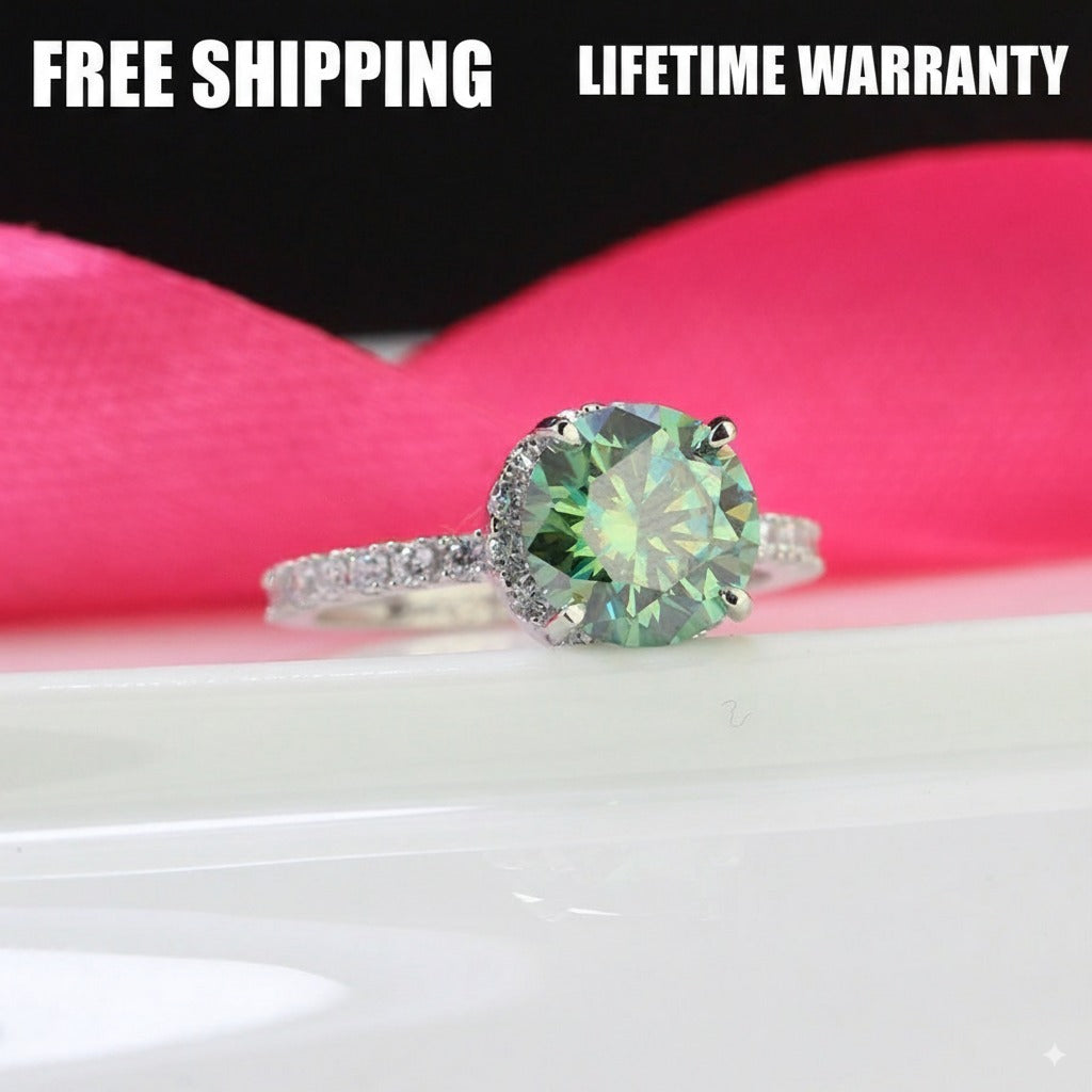 2ct Green Moissanite Halo Women's Silver Ring