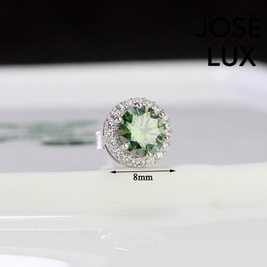 Green Moissanite Halo Stud Earrings for Men - Sterling Silver 0.8ct featuring an 8mm round cut stone surrounded by a halo of clear accents.