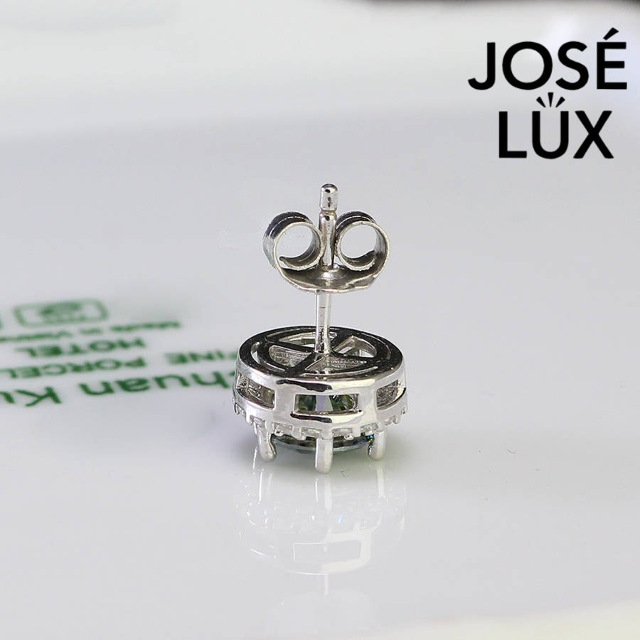 Back view of Green Moissanite Halo Stud Earrings for Men - Sterling Silver 0.8ct with detailed prong setting and sturdy push-back clasp.