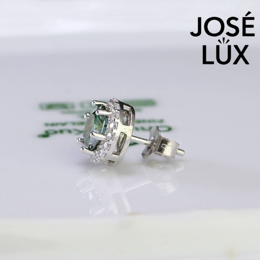 Side profile of Green Moissanite Halo Stud Earrings for Men - Sterling Silver 0.8ct highlighting the raised setting and halo design.