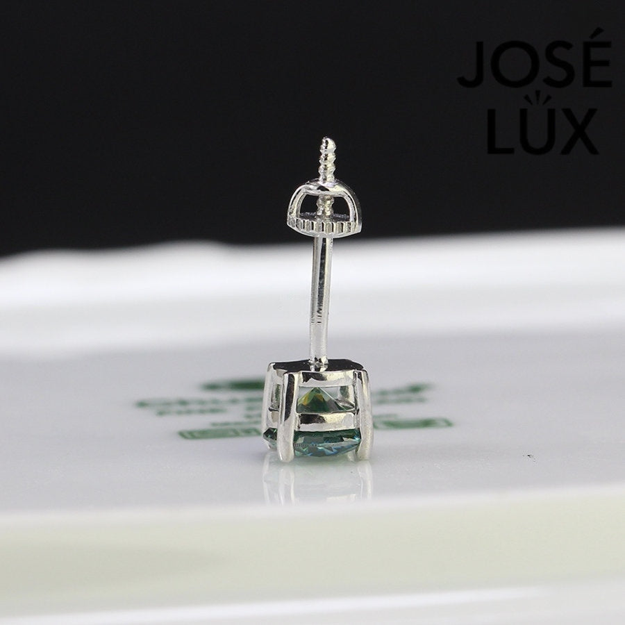 Side view of Green Moissanite Stud Earrings for Men - Sterling Silver (0.8ct) highlighting secure screw-back post and gemstone clarity.