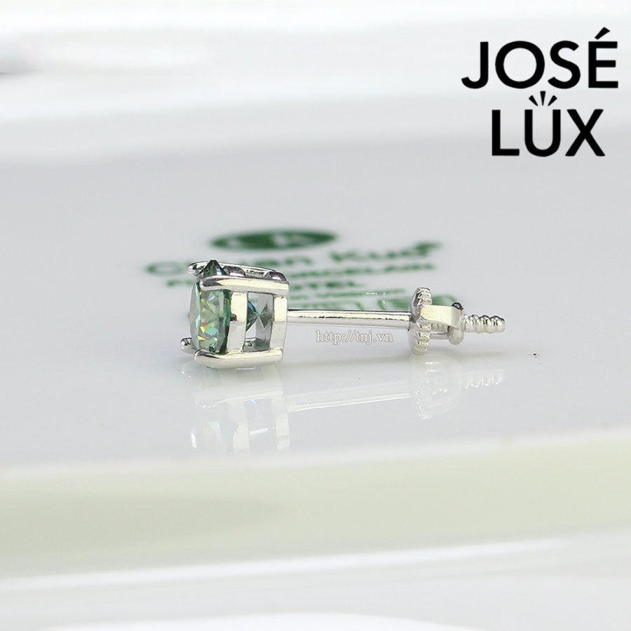 Horizontal view of Green Moissanite Stud Earrings for Men - Sterling Silver (0.8ct) showing engraved post and moissanite brilliance.