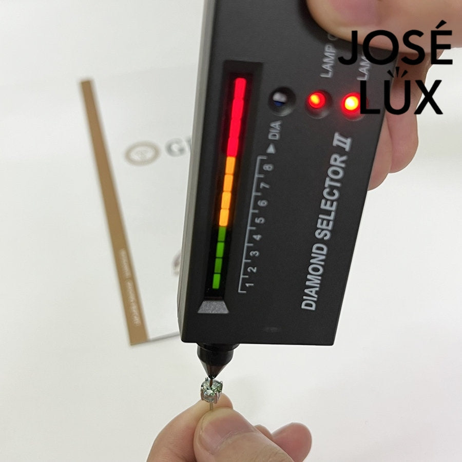 Diamond tester confirming authenticity of Green Moissanite Stud Earrings for Men - Sterling Silver (0.8ct) with high reading on scale.