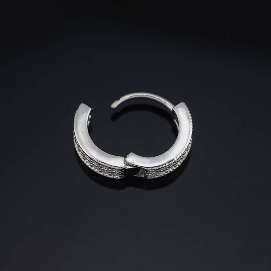 Sterling silver huggie hoop earring for men, opened to reveal clasp mechanism and moissanite detailing, part of the Iced Moissanite Hoop Earrings collection.