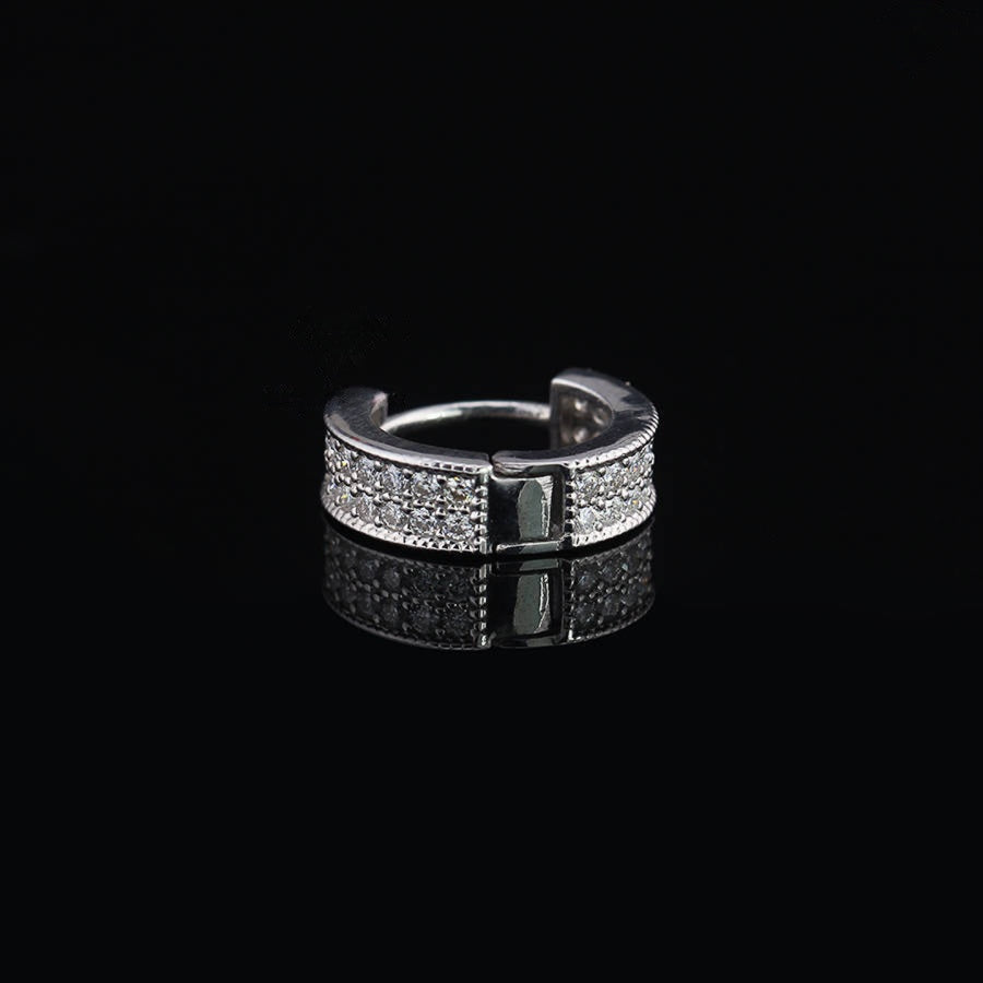 Close-up of Iced Moissanite Hoop Earrings for Men featuring shimmering moissanite stones on sterling silver, ideal for stylish daily wear.