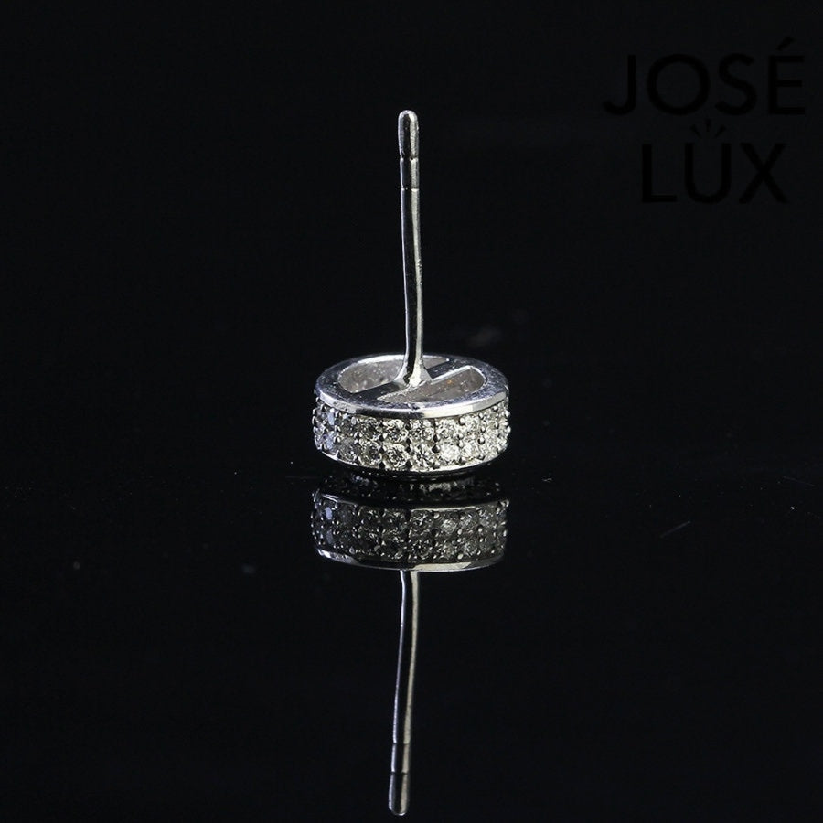 Side view of Iced Out Moissanite Halo Stud Earring for Men in sterling silver, featuring pavé detailing and push-back post.