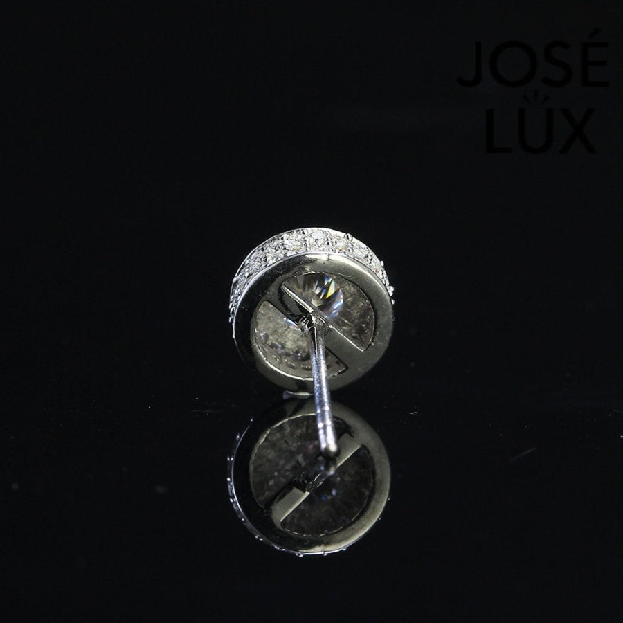 Angled rear view of sterling silver Moissanite Halo Stud Earring for Men, highlighting secure post and reflective gemstone setting.