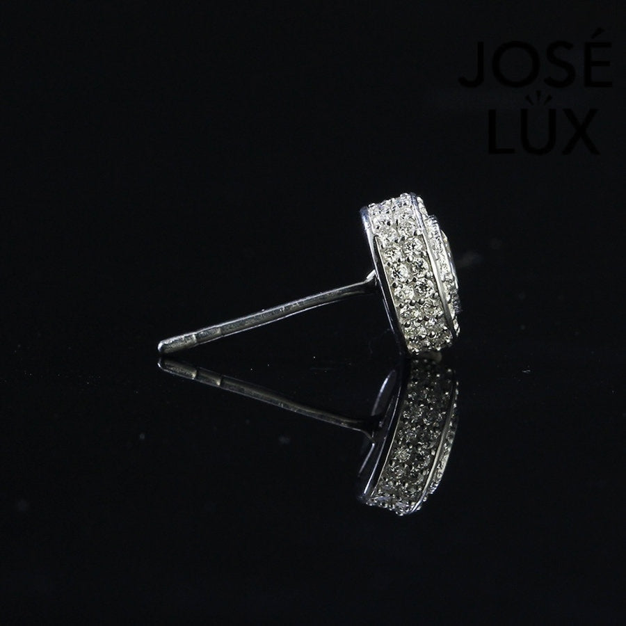 Profile view of Iced Out Moissanite Halo Stud Earring for Men with triple-layer pavé design and sterling silver craftsmanship.
