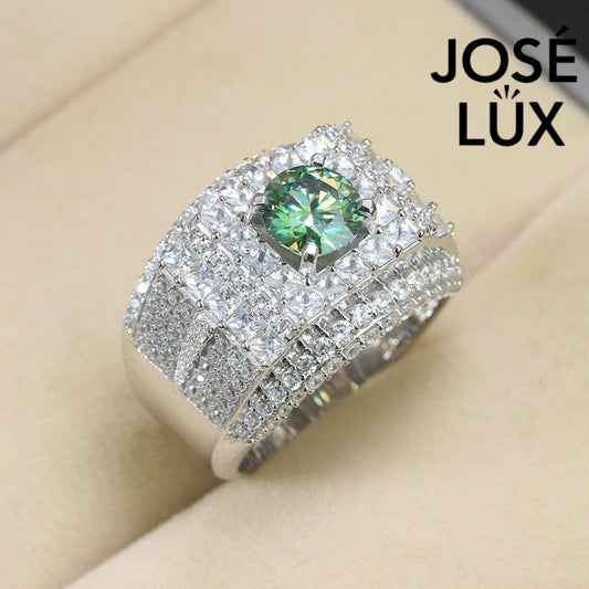 Men's Sterling Silver Green Moissanite Ring 1.2CT with Double Halo Band featuring a round-cut green center stone and pavé-set accents.