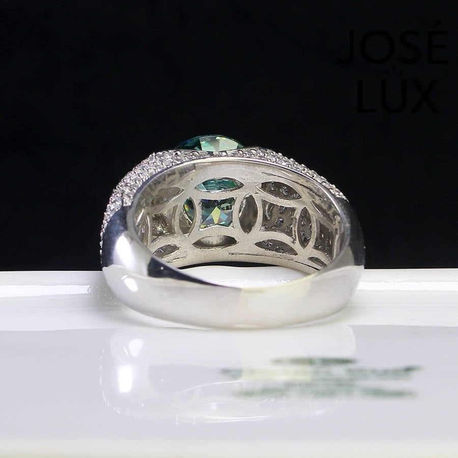 Back view of Men's Sterling Silver Green Moissanite Ring 4CT with Dome Pavé Band highlighting the detailed inner band and stone setting structure.
