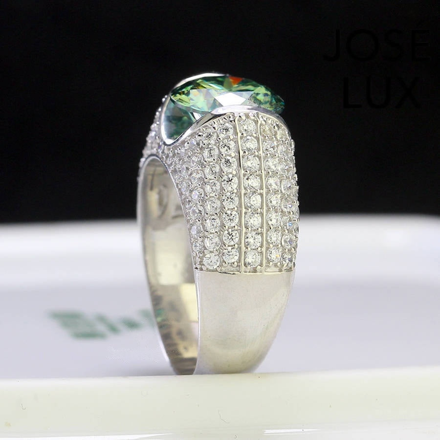 Side profile of Men's Sterling Silver Green Moissanite Ring 4CT with Dome Pavé Band emphasizing the dome shape and micro-pavé stone rows.