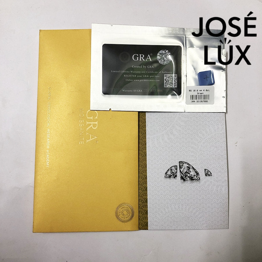 Packaging and certification for Men's Sterling Silver Green Moissanite Ring 4CT with Dome Pavé Band featuring GRA report and branded envelope.