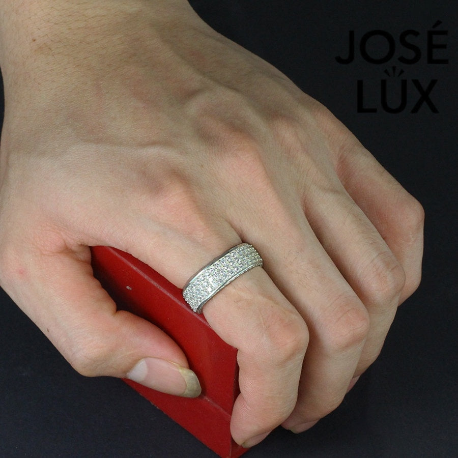 Sterling silver men's band ring features three rows of brilliant-cut moissanite stones in micro-pavé setting. Sleek profile with full coverage delivers continuous sparkle and comfortable fit for daily wear.