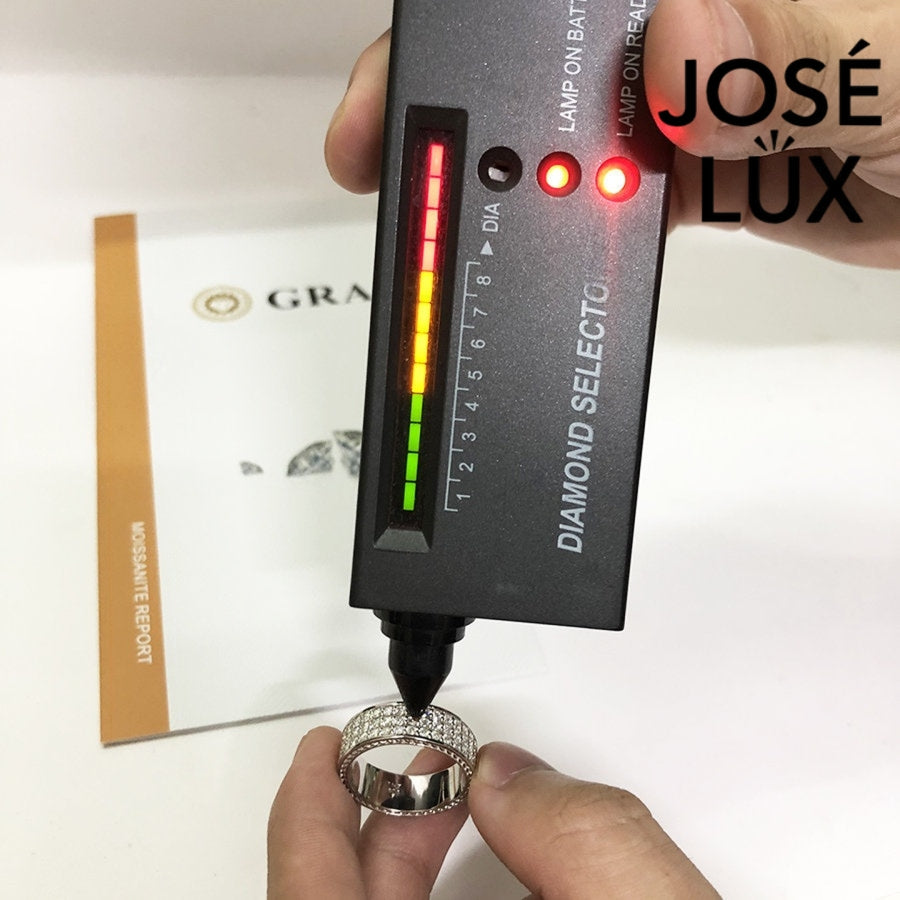 Sterling silver men's band ring features three rows of brilliant-cut moissanite stones in micro-pavé setting. Sleek profile with full coverage delivers continuous sparkle and comfortable fit for daily wear.