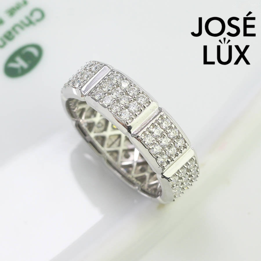 Men's Sterling Silver Moissanite Eternity Band Ring with Segmented Pavé featuring triple-row pavé stones and polished silver segments for a bold look.