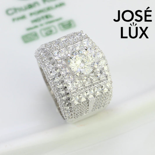 Men's Sterling Silver Moissanite Ring 1.2CT with Princess Halo Band featuring a radiant center stone and layered pavé setting for bold brilliance.