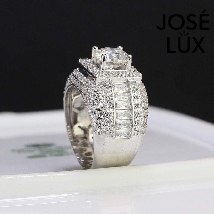 Side view of Men's Sterling Silver Moissanite Ring 1.2CT with Princess Halo Band showcasing channel-set stones and intricate detailing.