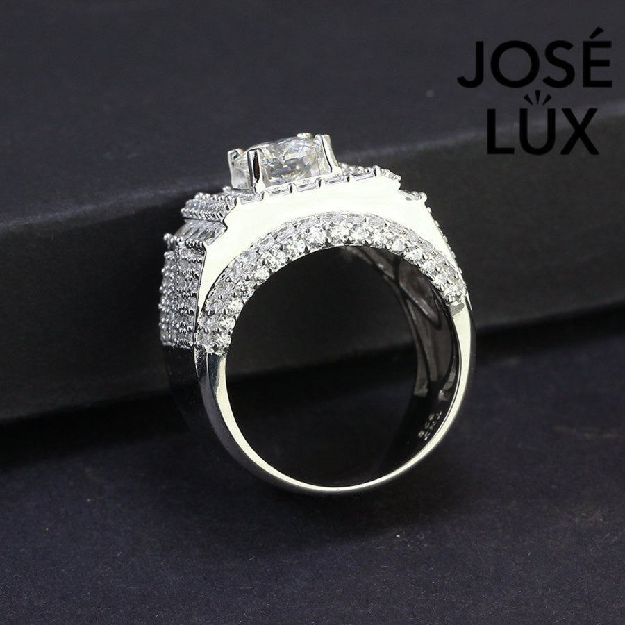 Underside angle of Men's Sterling Silver Moissanite Ring 1.2CT with Princess Halo Band highlighting polished band and stone arrangement.