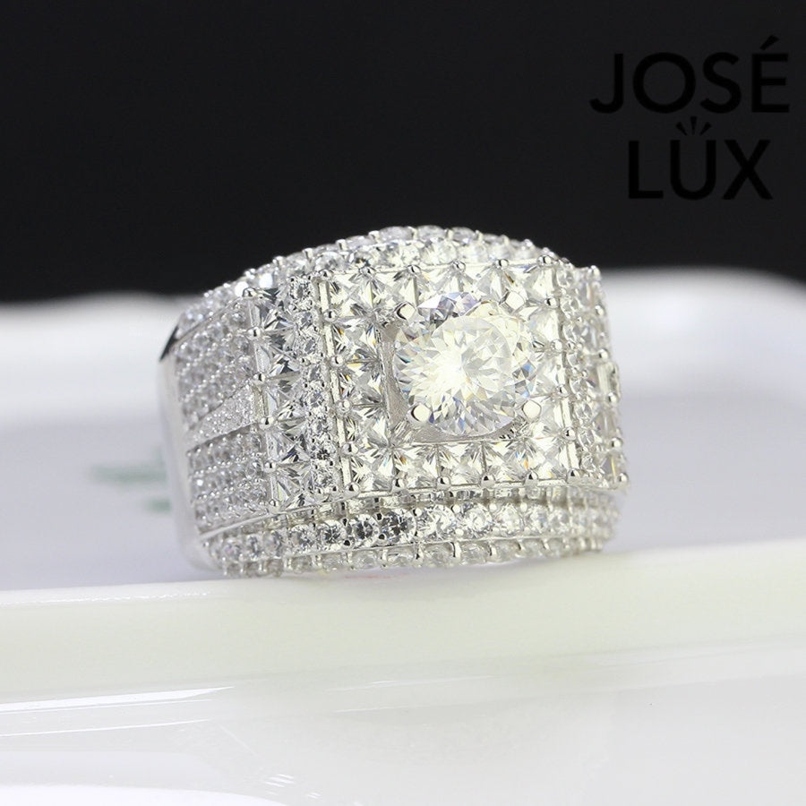 Top view of Men's Sterling Silver Moissanite Ring 1.2CT with Princess Halo Band displaying a brilliant-cut center stone and halo design.