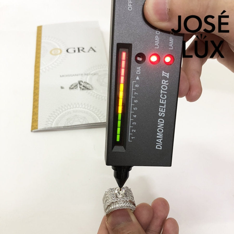 Moissanite authenticity test on Men's Sterling Silver Ring 1.2CT with Princess Halo Band using diamond selector tool confirming brilliance.