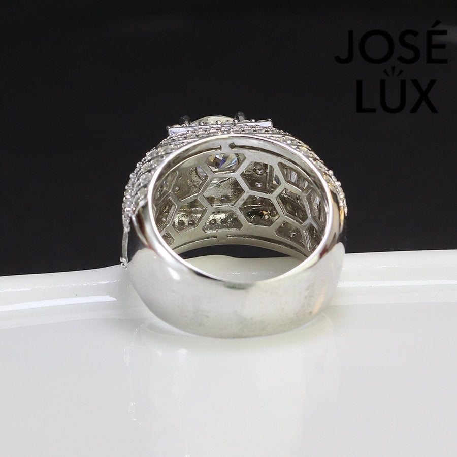 Back view of Men's Sterling Silver Moissanite Ring 2CT highlighting the wide band and honeycomb inner structure for comfort and durability.