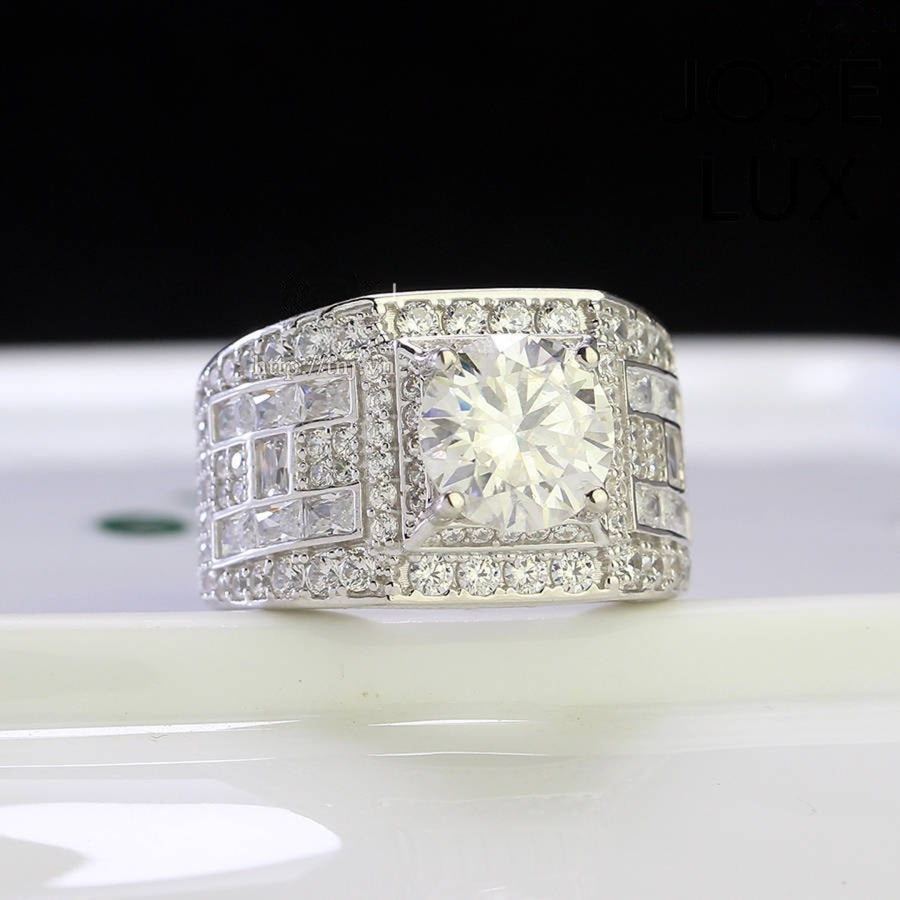 Front view of Men's Sterling Silver Moissanite Ring 3CT with Multi-Tier Halo Band showcasing brilliant sparkle and intricate halo setting.