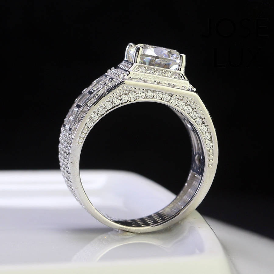 Side profile of Men's Sterling Silver Moissanite Ring 3CT with Multi-Tier Halo Band highlighting elevated setting and detailed craftsmanship.