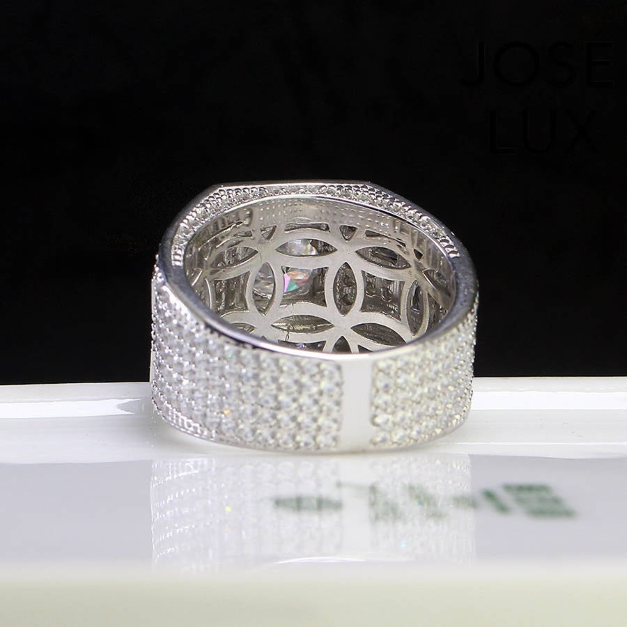 Back view of Men's Sterling Silver Moissanite Ring 3CT with Multi-Tier Halo Band showing inner lattice design and full pavé detailing.