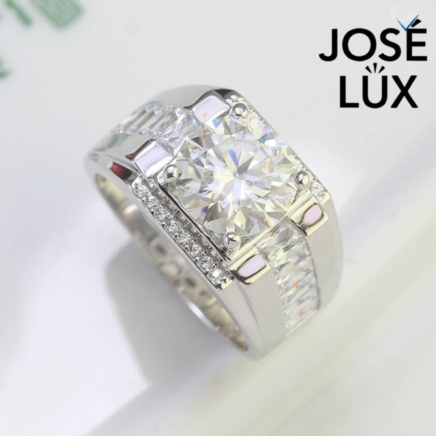 Elegant Men's Moissanite Ring 4CT in Sterling Silver with baguette side channels and pavé accents, showcasing high-reflective brilliance.