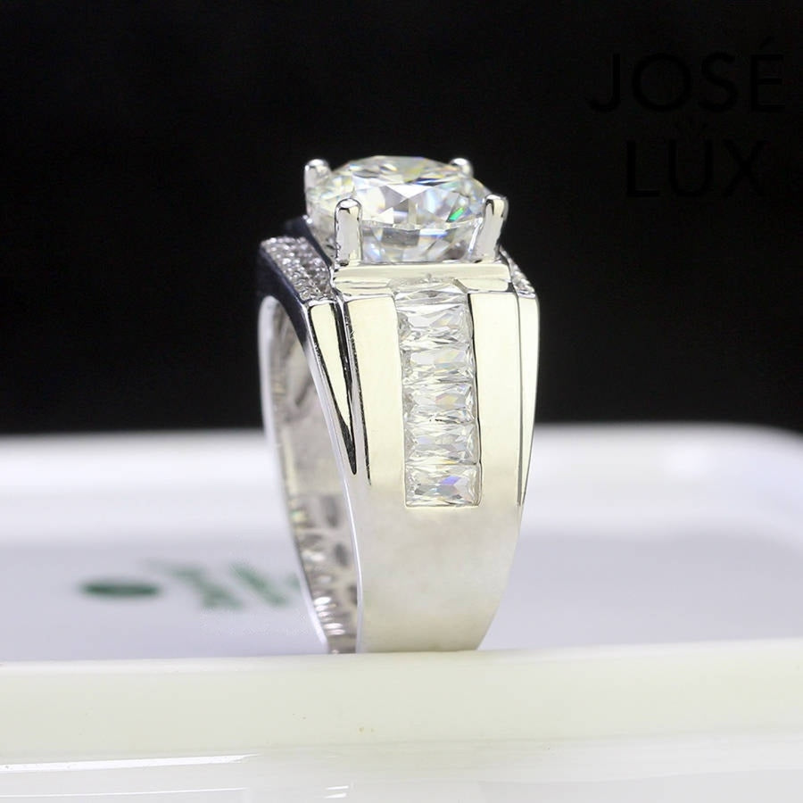 Close-up side view of Men's Moissanite Ring 4CT in Sterling Silver with baguette-cut stones set in channel design along the band.