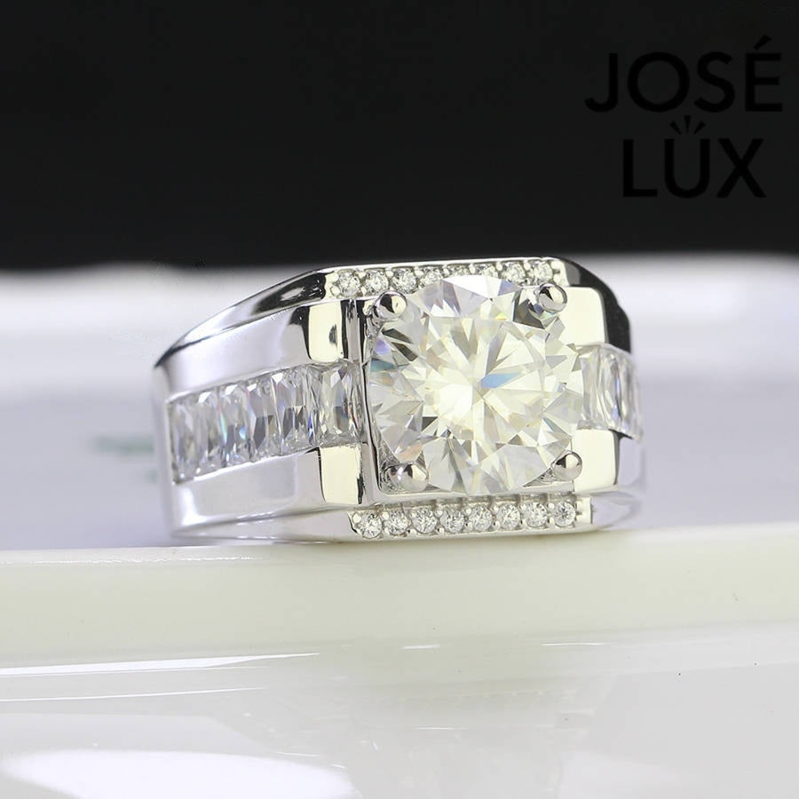 Front view of Men's Sterling Silver Moissanite Ring 4CT with large round center stone and baguette side channels for a bold, luxurious look.