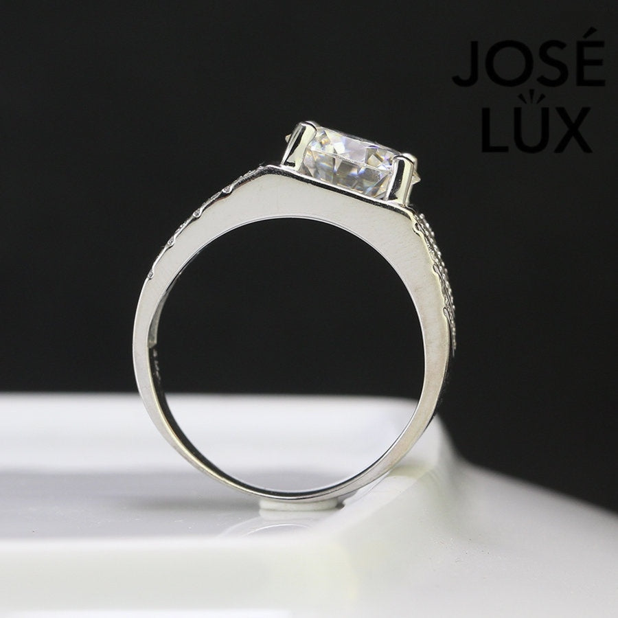 Profile view of Men's Moissanite Ring 4CT in sterling silver showing the ring's slim band and elevated prong-set moissanite centerpiece.
