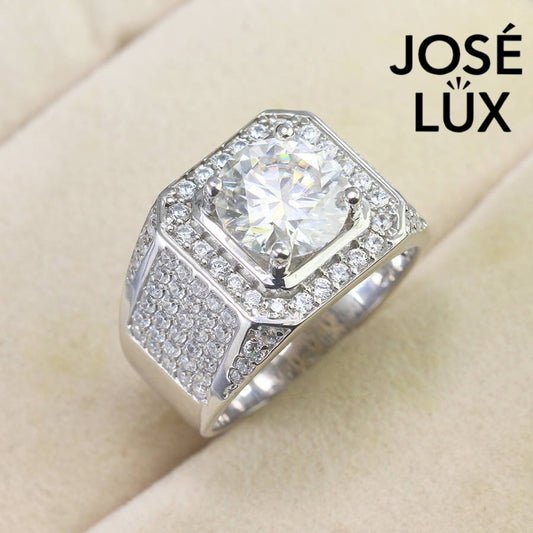 Men's Sterling Silver Moissanite Ring 4CT with Double Octagon Halo featuring a bold center stone and five rows of pavé-set accents on a velvet display.