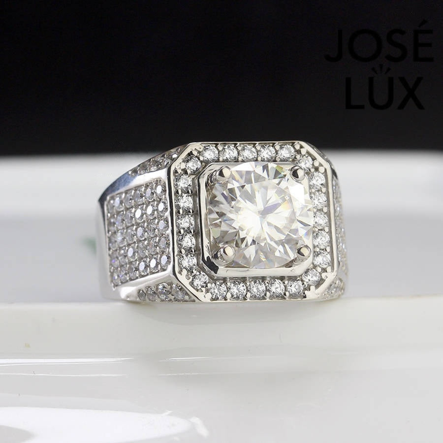 Top view of Men's Sterling Silver Moissanite Ring 4CT with Double Octagon Halo showcasing central 4-carat moissanite surrounded by double halo of stones.