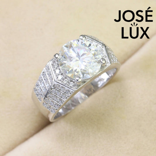 Men's Sterling Silver Moissanite Ring 4CT with Ribbed Pavé Band featuring a brilliant round-cut moissanite center and pavé-set side stones.